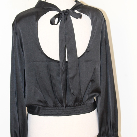 Express Long Sleeve Mock Neck Satin Blouse Open Tie Back Size Medium Rhinestone - Picture 4 of 12